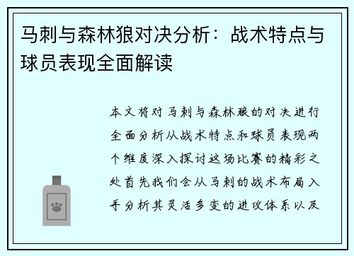 马刺与森林狼对决分析：战术特点与球员表现全面解读